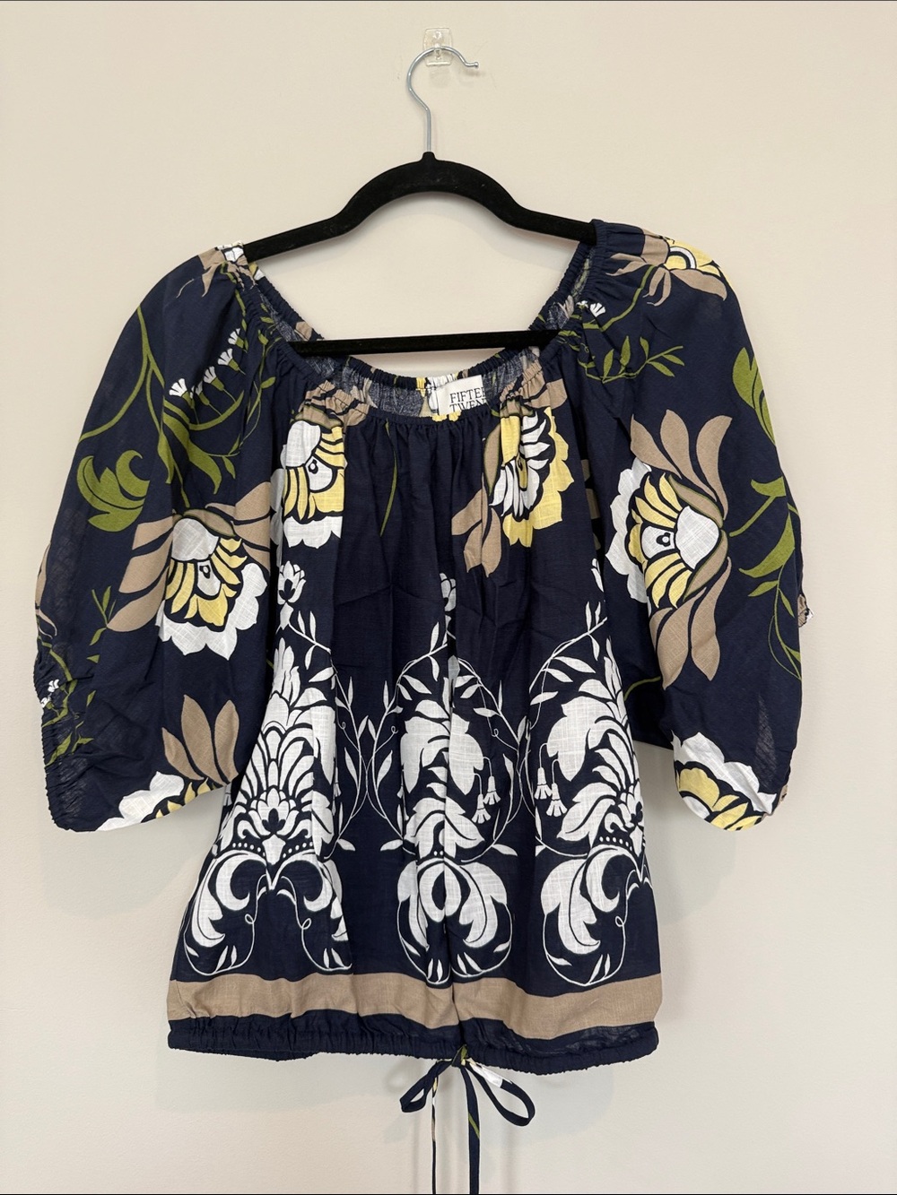 Fifteen Twenty Navy Floral Off-Shoulder Tunic with Yellow & Tan Accents